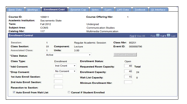 Figure 8:  Enrollment Cntrl tab.