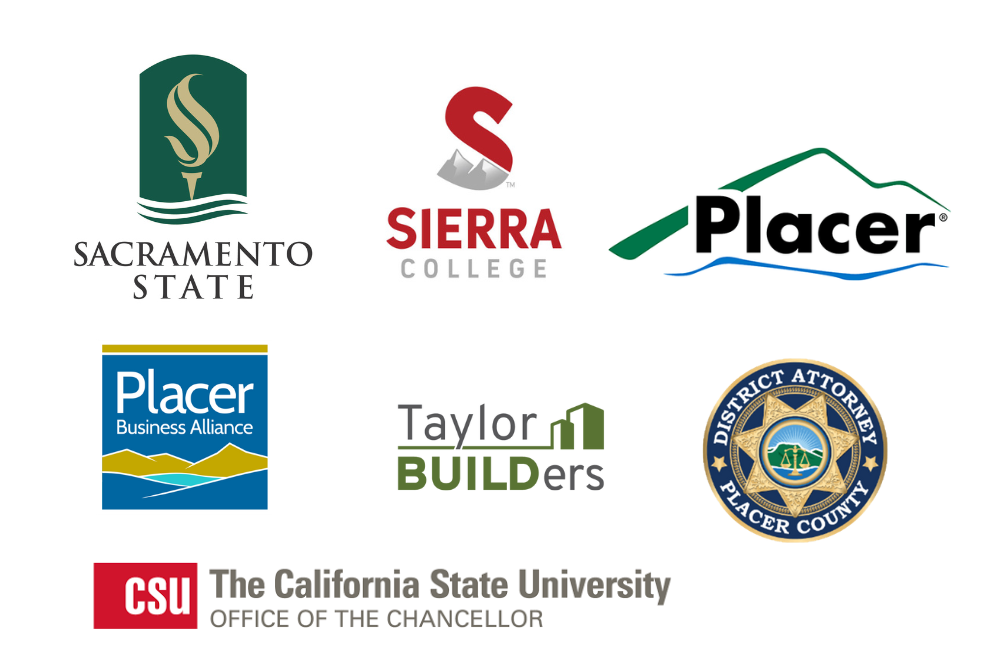 Partner logos for Sac State, Sierra College, Placer County, Taylor Builders, CSU, Placer Business Alliance, and Placer County DA. 