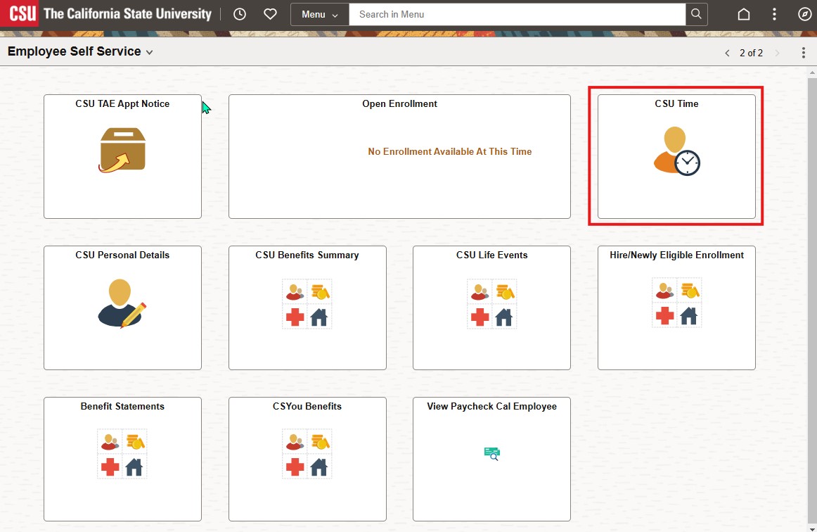 CSU Time Tile on CHRS Employee Home Screen