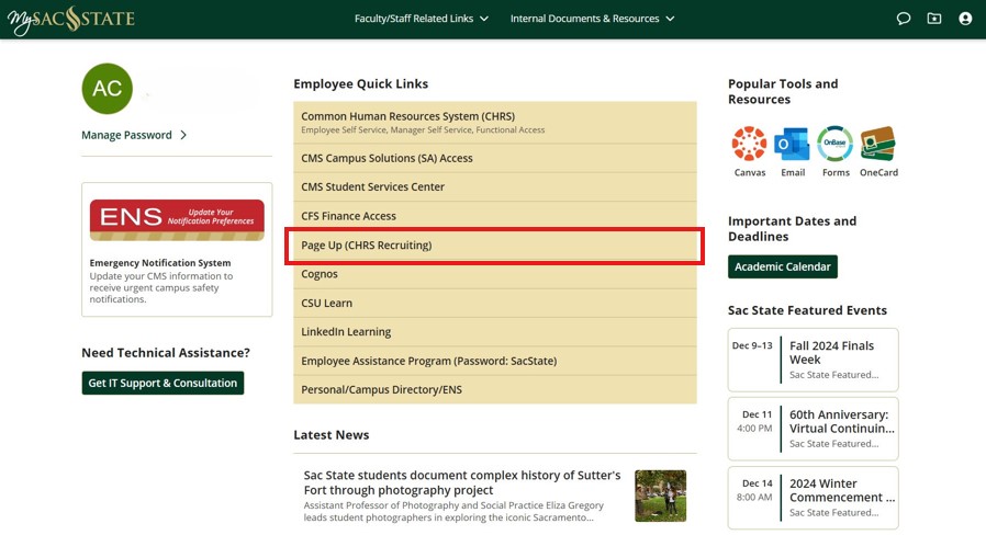 Page Up CHRS Recruiting Link on My Sac State Portal