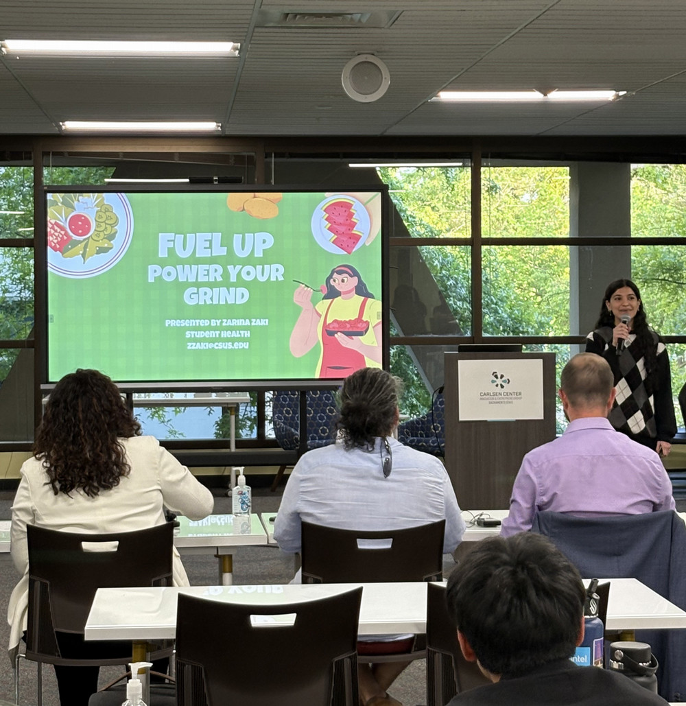 Female student pitching her startup idea called Fuel Up