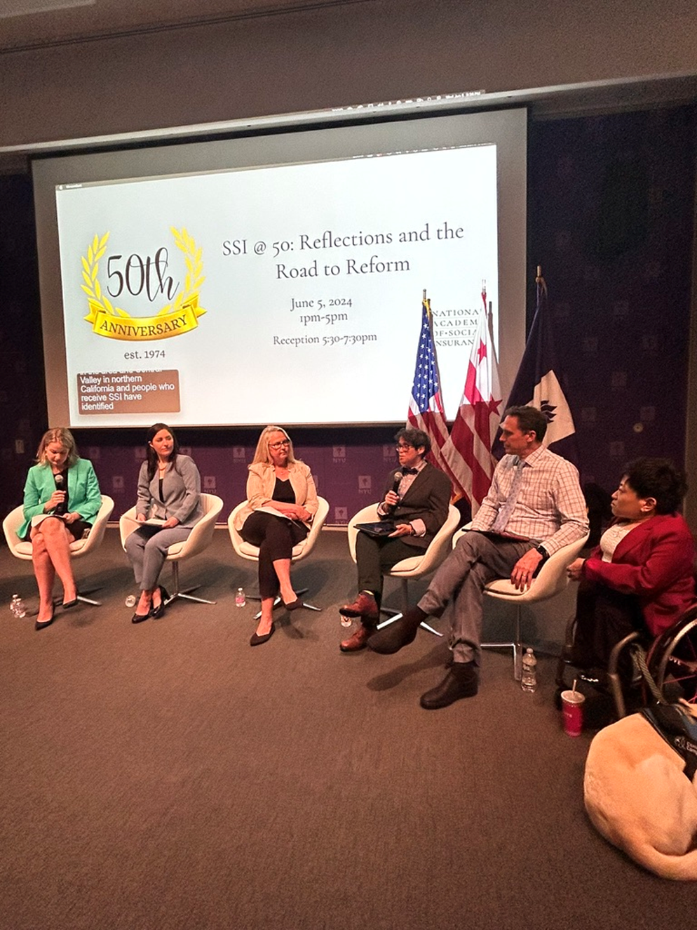 Disability Policy Research Discussion with six people pictured on a panel. Slide in the background reads: SSI at 50: Reflections and the Road to Reform.