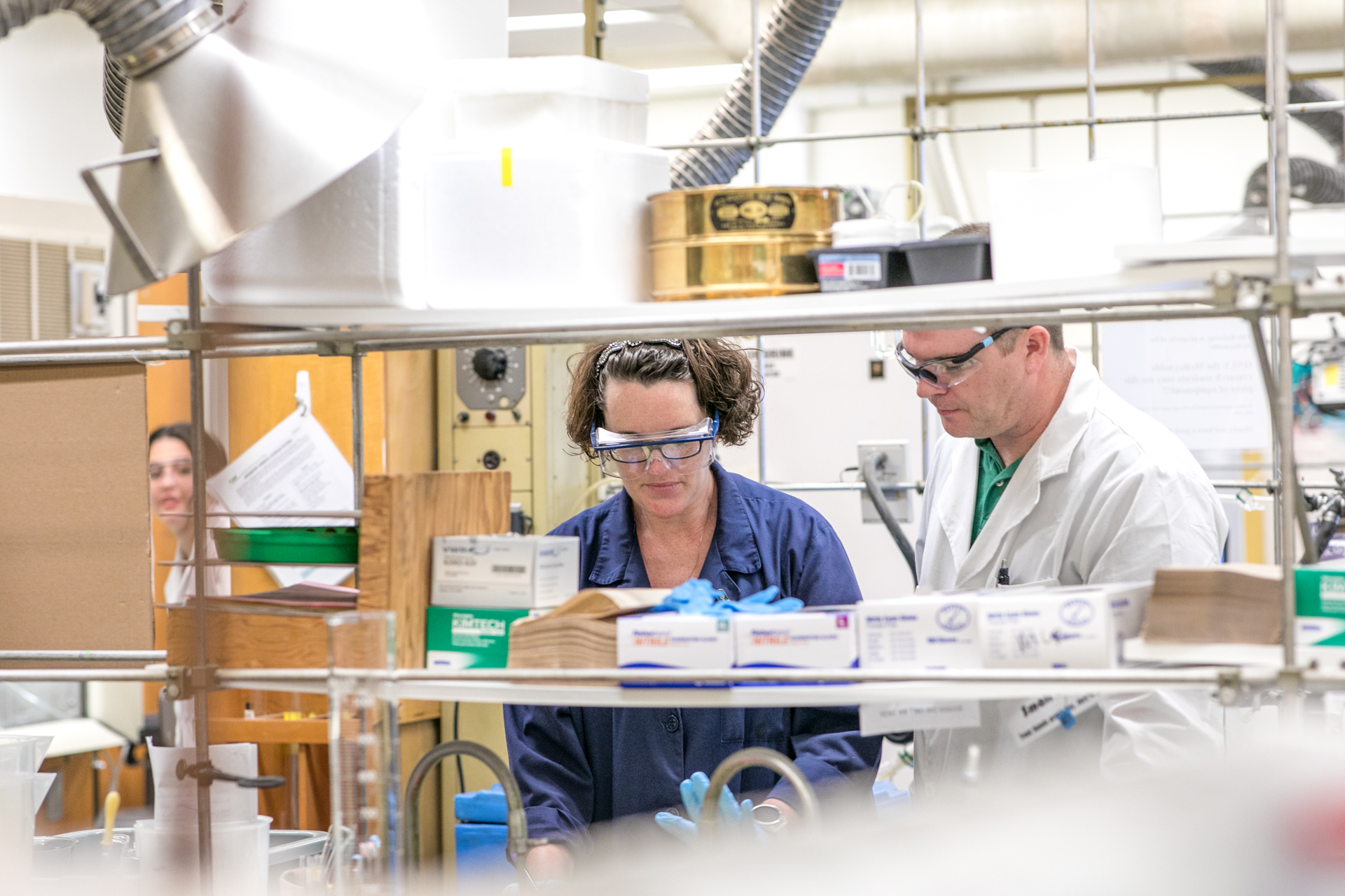 Kathie McReynolds working in her lab with a student.