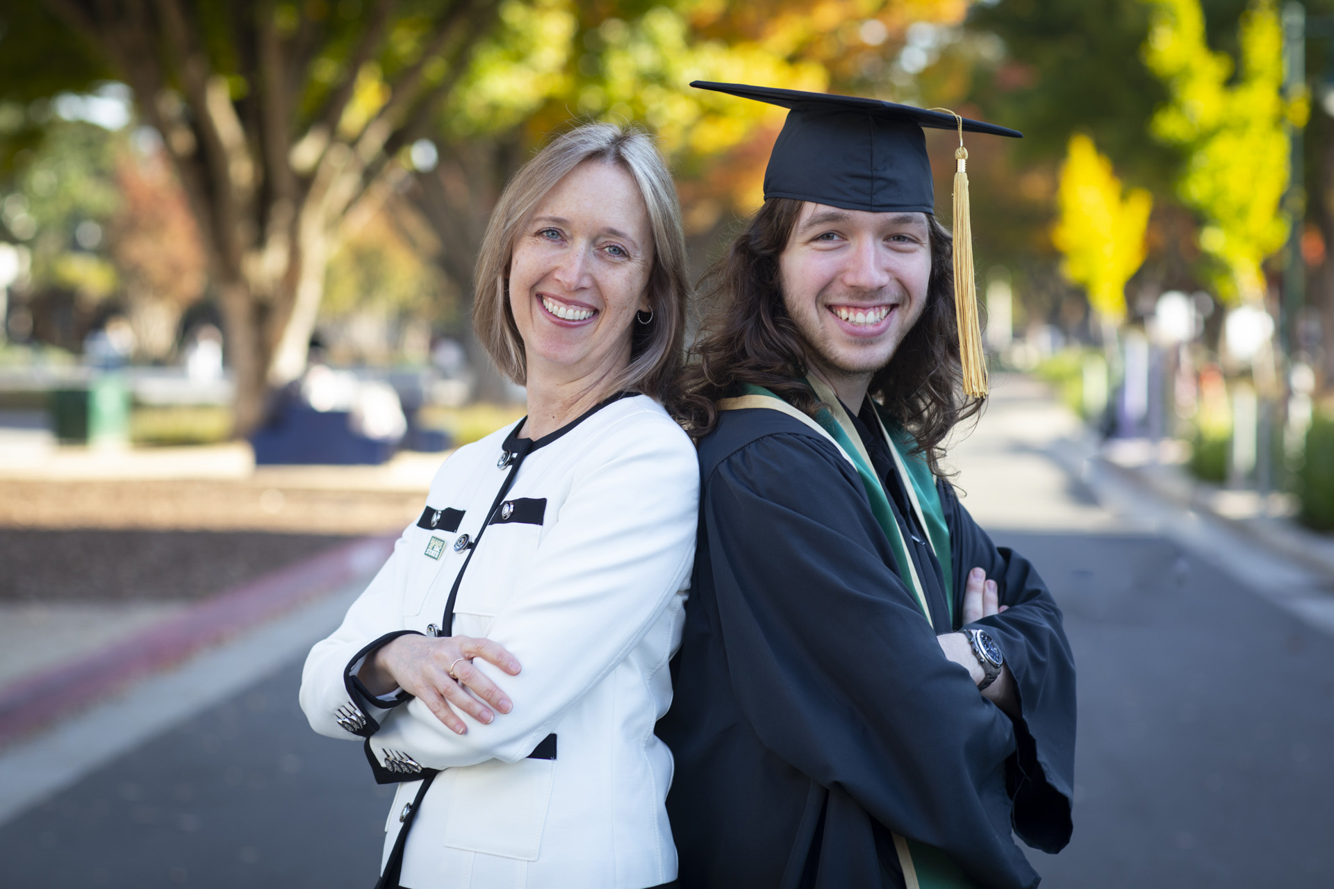 Lynda Grindstaff and her son Andrew posing for a photo on campus.