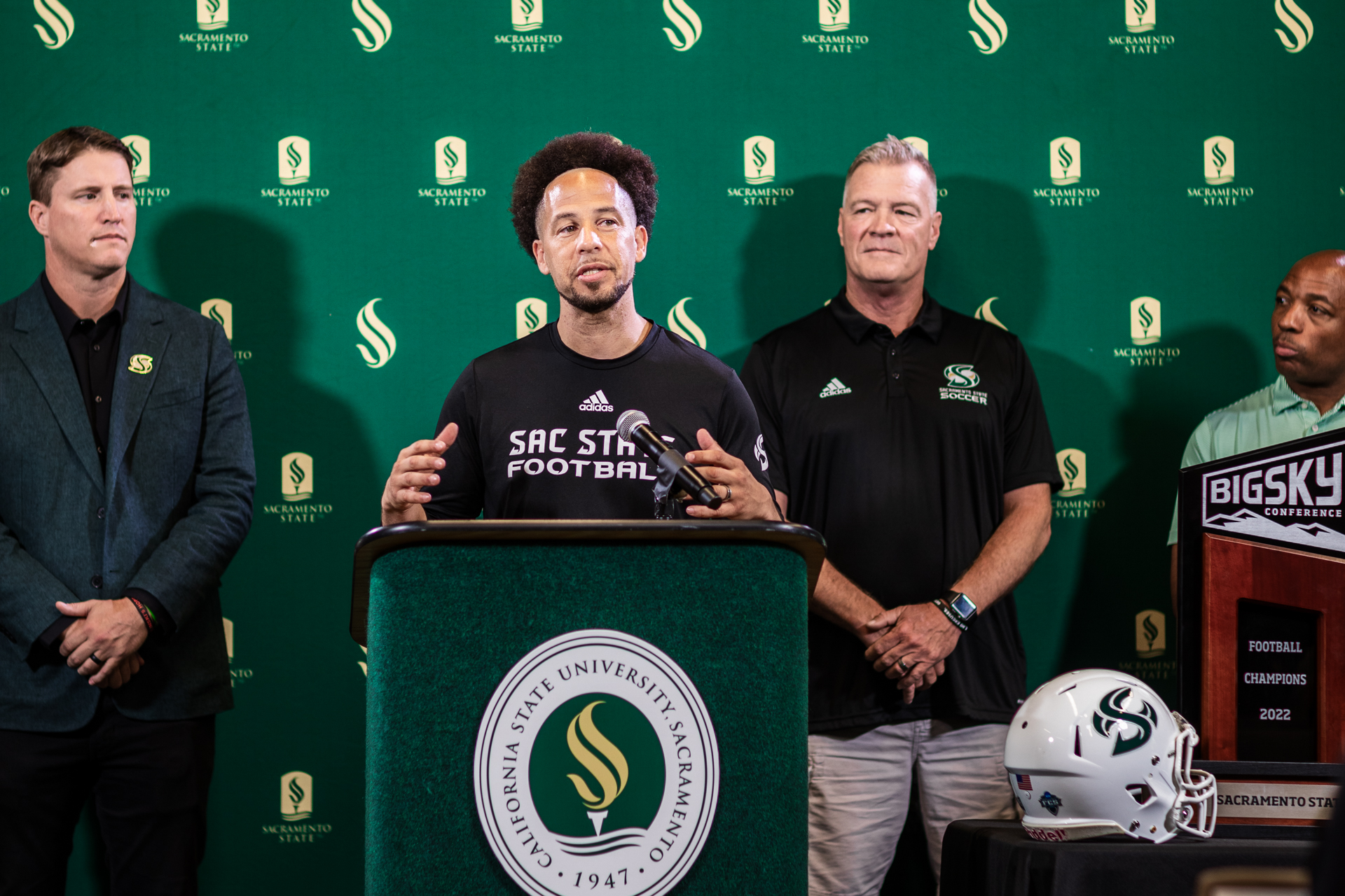 President Wood speaks during the new stadium press conference.