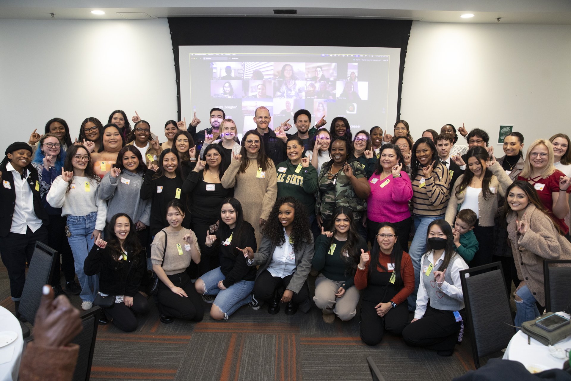 A group shot of Sac State's ECE scholarship recipients, campus officials and Mayor McCarty, as well as a group of recipients on Zoom.