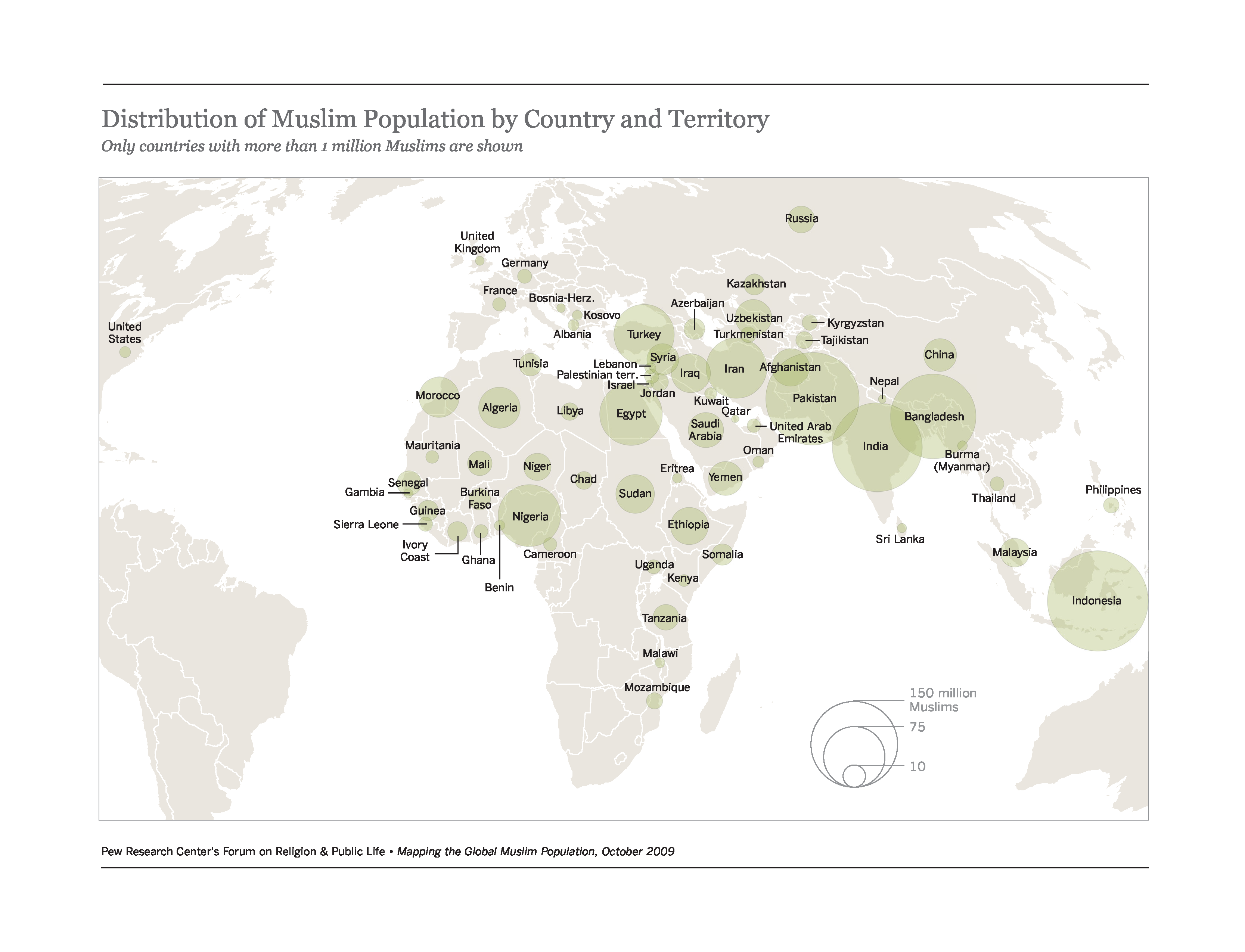 world map showing the global Muslim population by largest concentrations