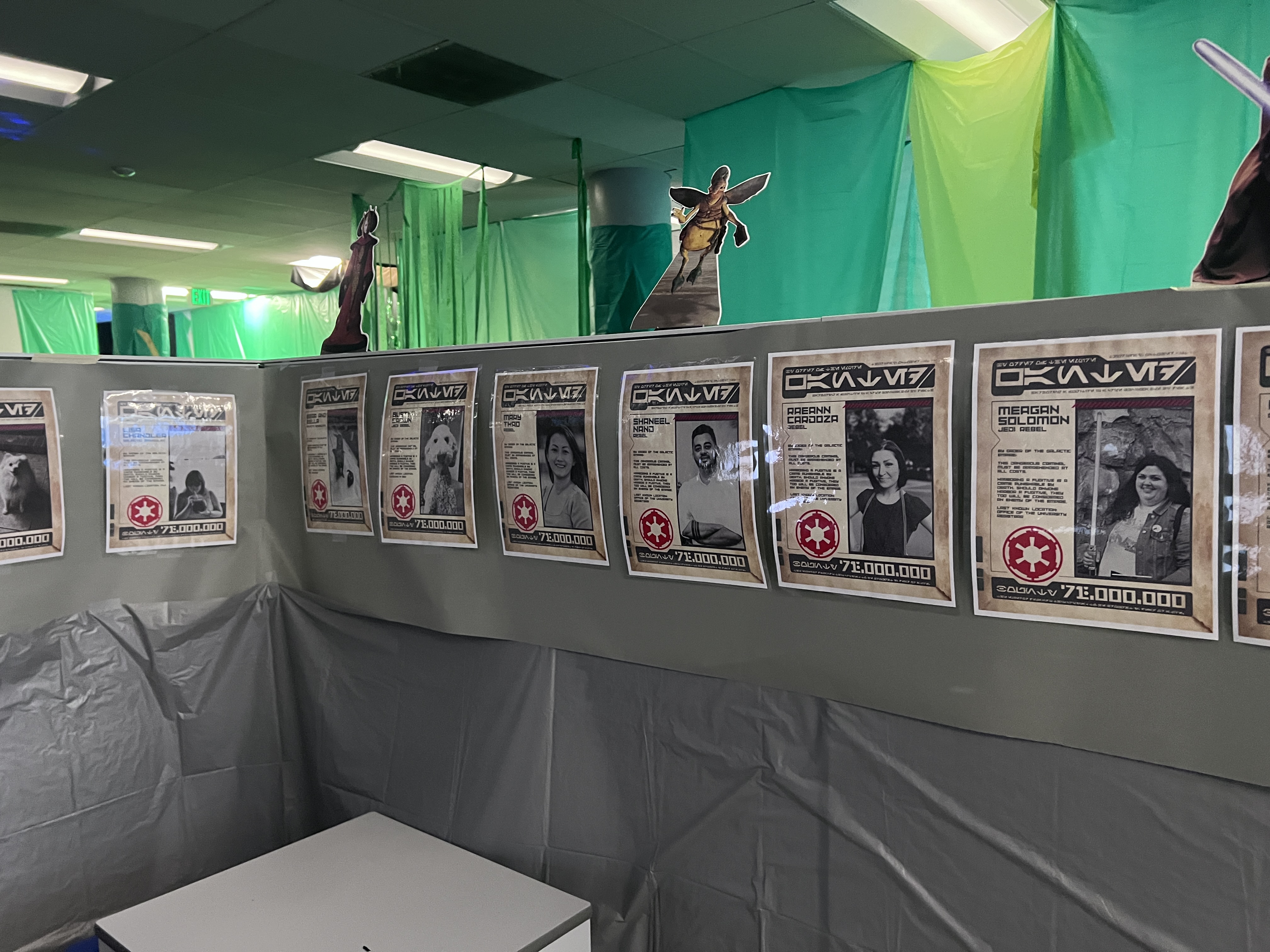 Wanted posters for staff rebels in decorated office