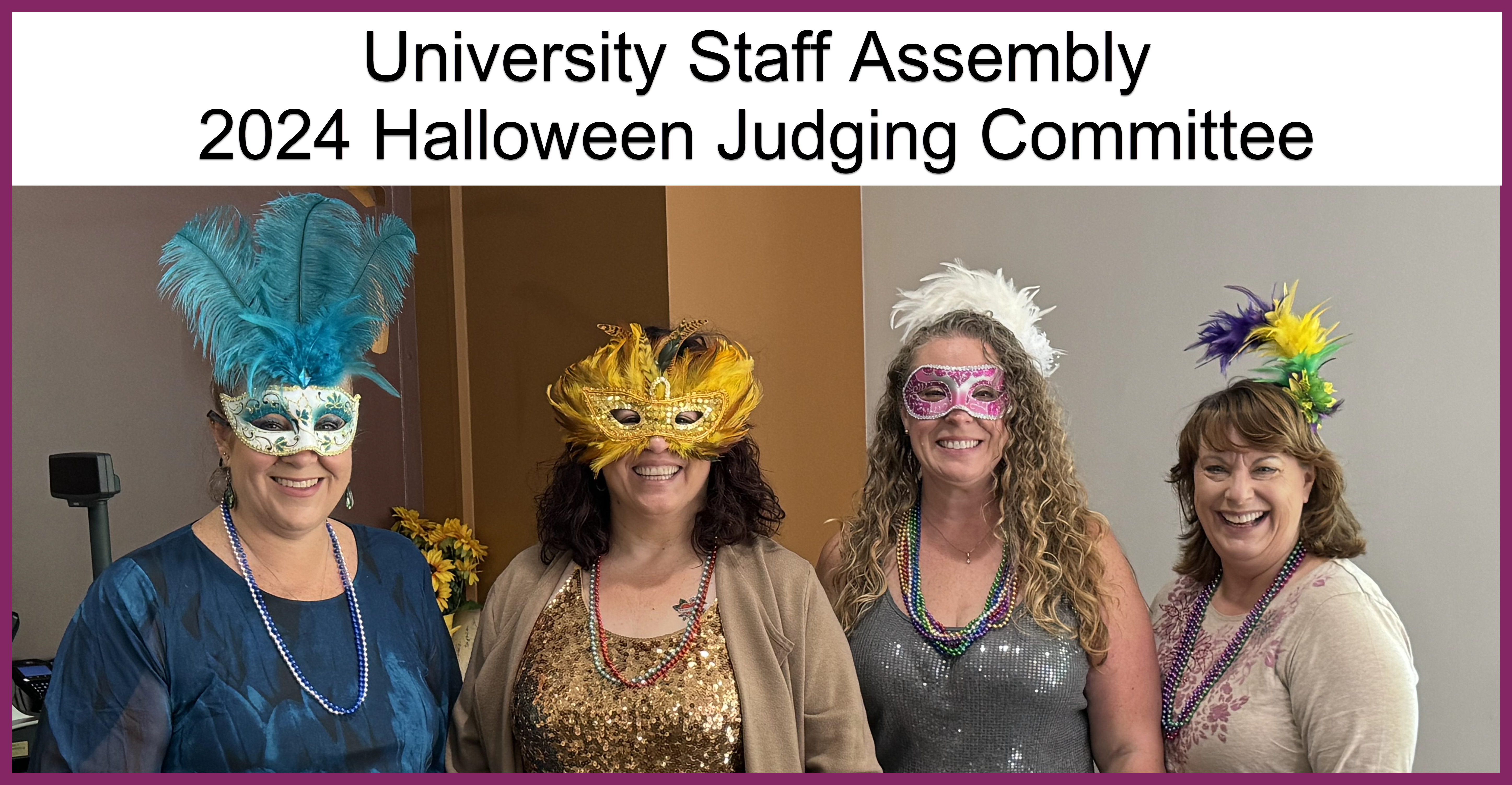 USA 2024 Halloween Judging Committee dressed up for Mardi Gras