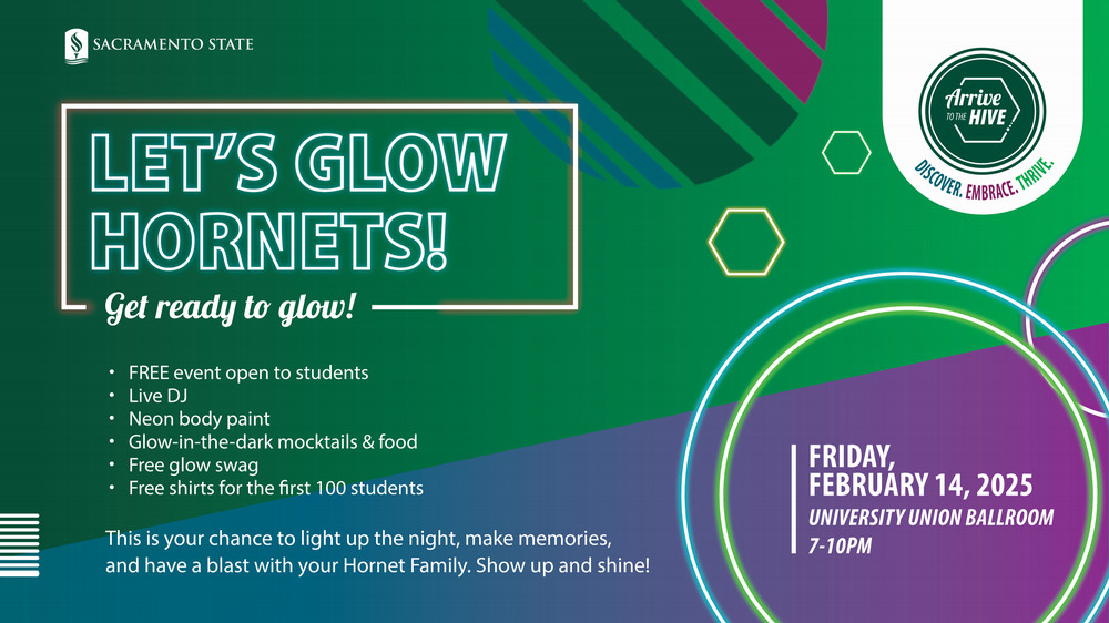 A flier with the information for the Let's Glow Party event on February 14, 2025 at Sac State