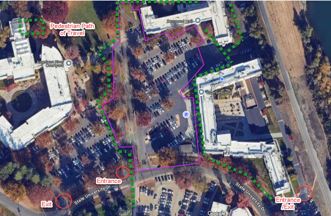 A map showing a part of Sac State parking lots with lines for directions. Please call us if you need assistance.