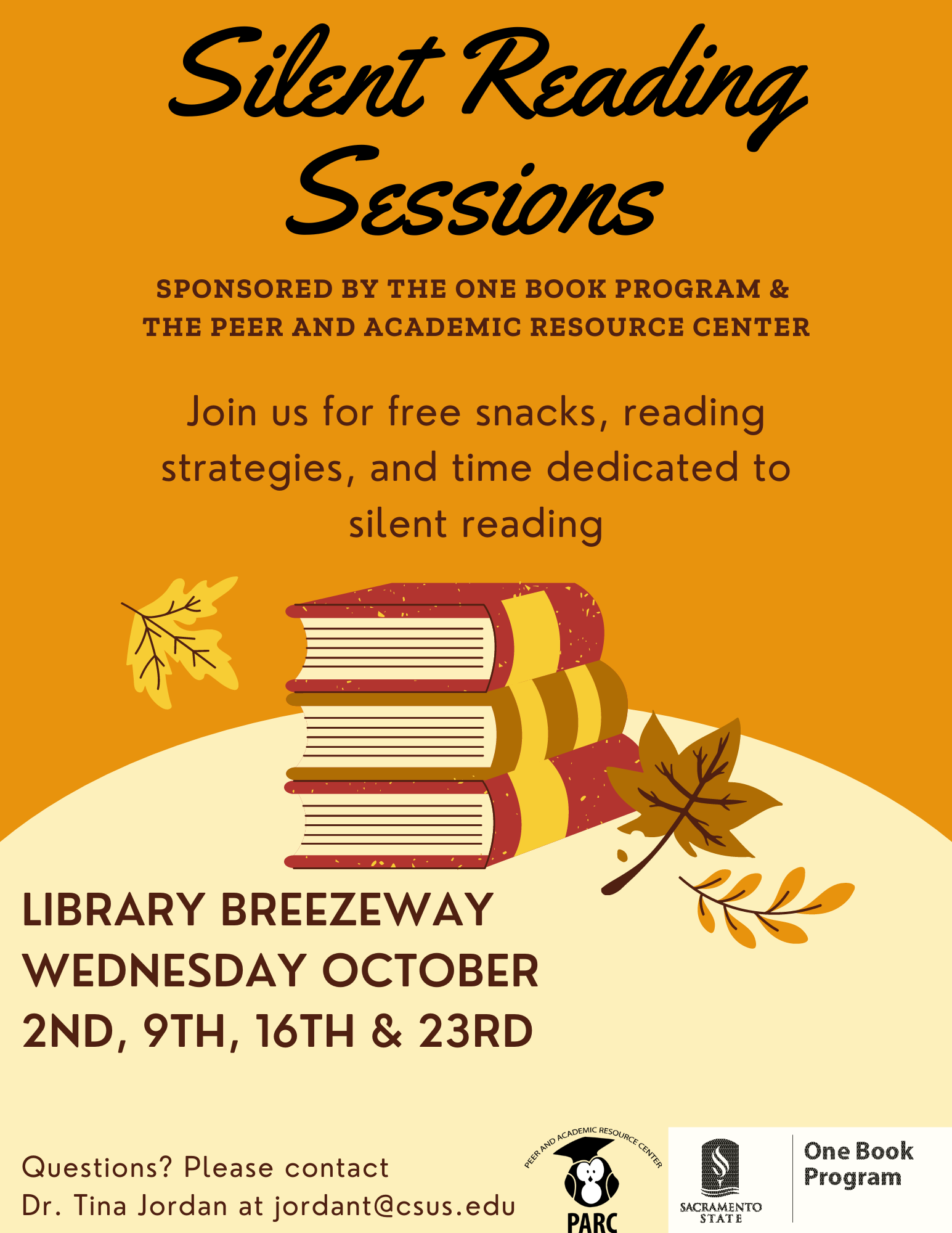 Silent Reading Sessions - hosted in the Library Breezeway on Wednesday October 2nd, 9th, 16th and 23rd.